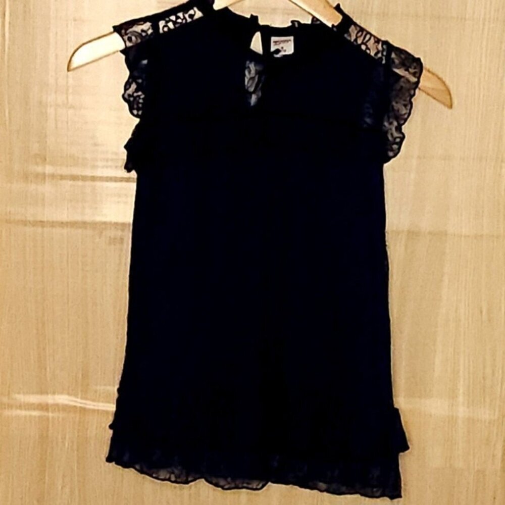Arizona Girls Blue Black Lace Lined Flutter Sleeve Stretchy Top 10-12